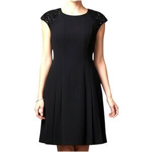 NWT VTG MariAnna Black Cocktail Dress BEADED & EMBROIDERED SHOULDERS Pleated 10
